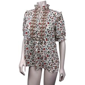 Max Studio Small Floral Print Ruffled Neck Short Sleeve Blouse‎ Women Beige
